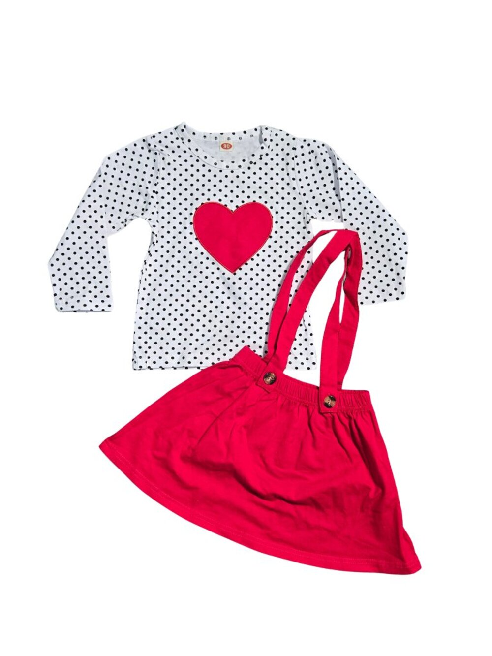 NWOT | 2-Piece Heart & Polka Dot Outfit | Red Suspender Skirt | Size 2T